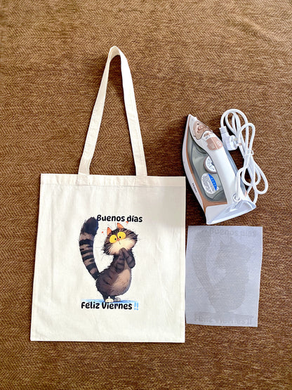 Lightweight eco cotton shoulder tote with original cat print for everyday relaxed living