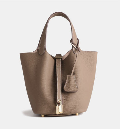 genuine leather bucket bag styled for everyday casual use