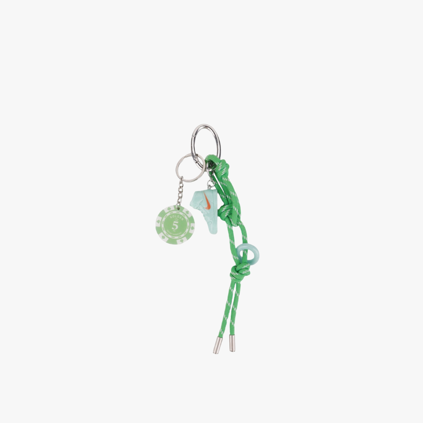 Green sporty handmade bag charm clipped to a tote