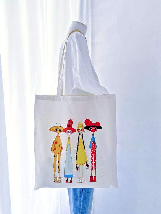Large slouchy shopper for farmers market with four women illustration