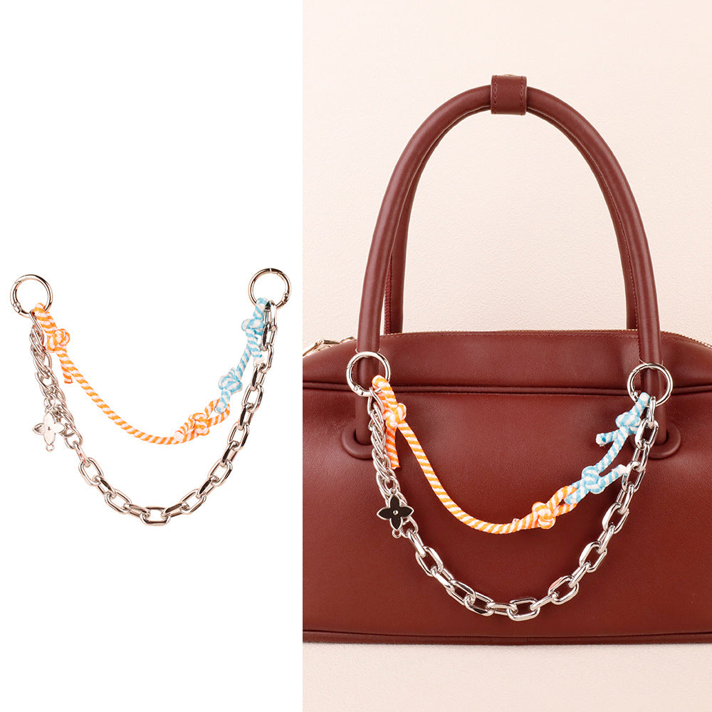 Dopamine color scheme woven bag accessory photographed on a work handbag