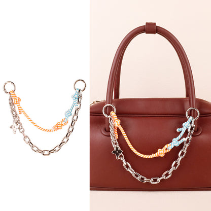 Dopamine color scheme woven bag accessory photographed on a work handbag