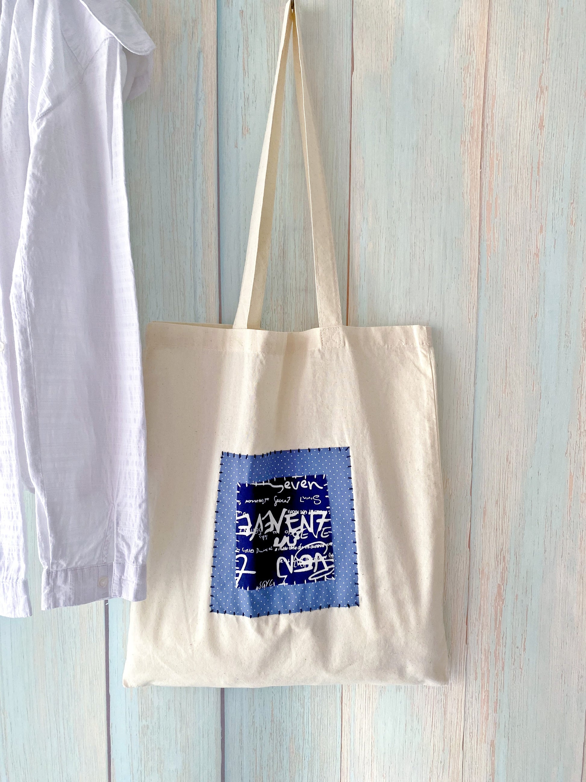 Soft cotton tote with handmade patchwork for craft and hobby supplies