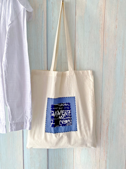 Soft cotton tote with handmade patchwork for craft and hobby supplies