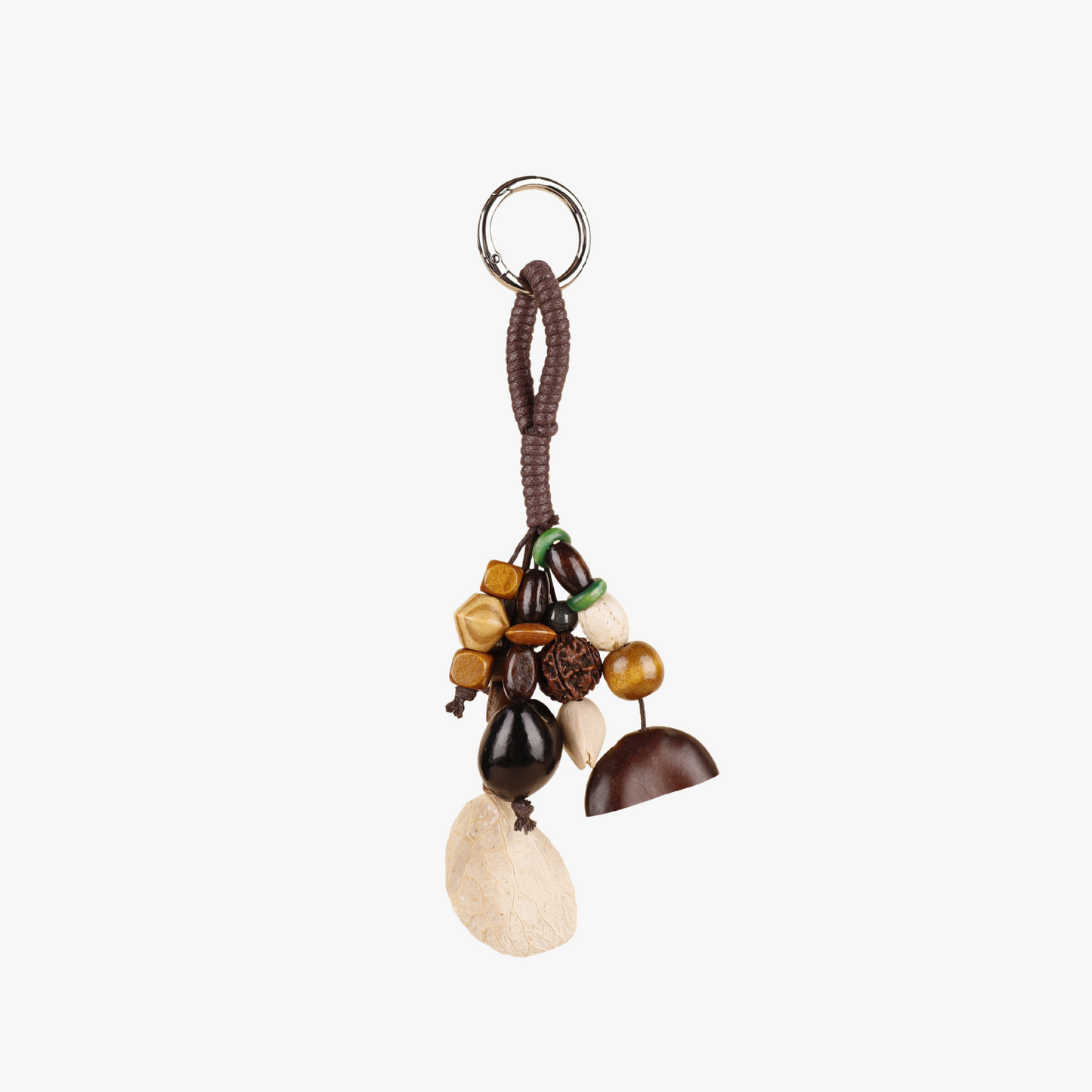 Fruit shell bead bag charm with natural wood details