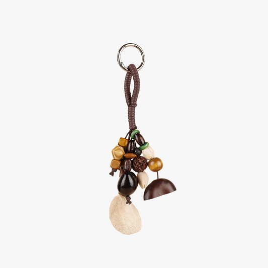 Fruit shell bead bag charm with natural wood details
