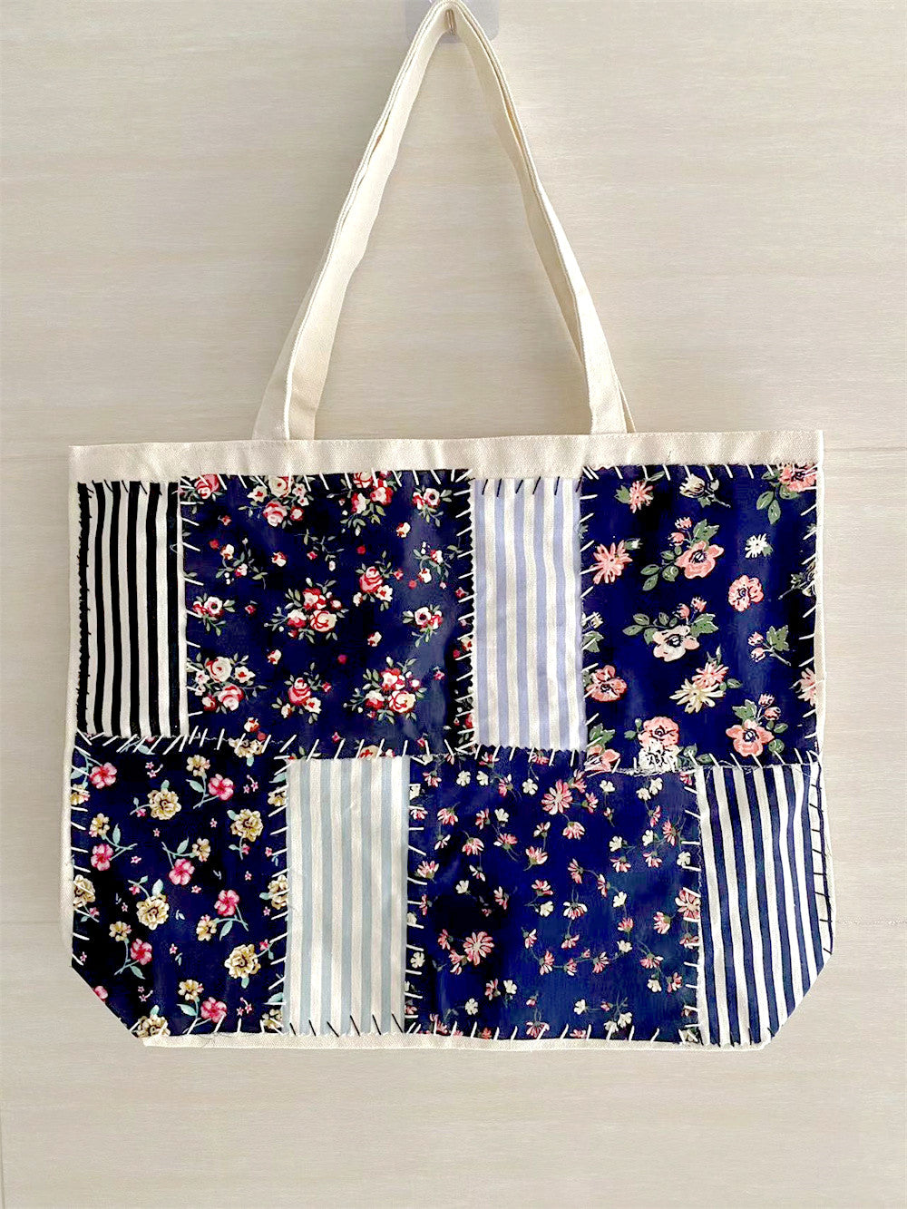 Handmade High-Capacity Canvas Tote Bag with Exclusive Patchwork Design for Daily Use