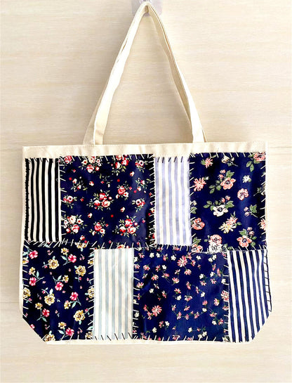 Customizable Designer Canvas Tote Bag with Hand-Stitched Patchwork Patterns