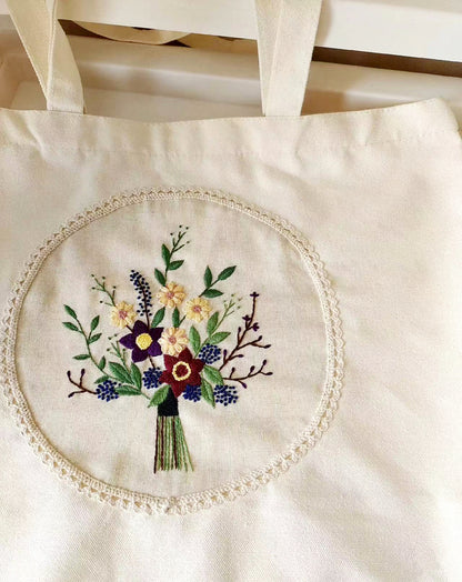 Handmade Durable Canvas Tote Bag with Personalized Embroidered Floral Pattern for Practical Use