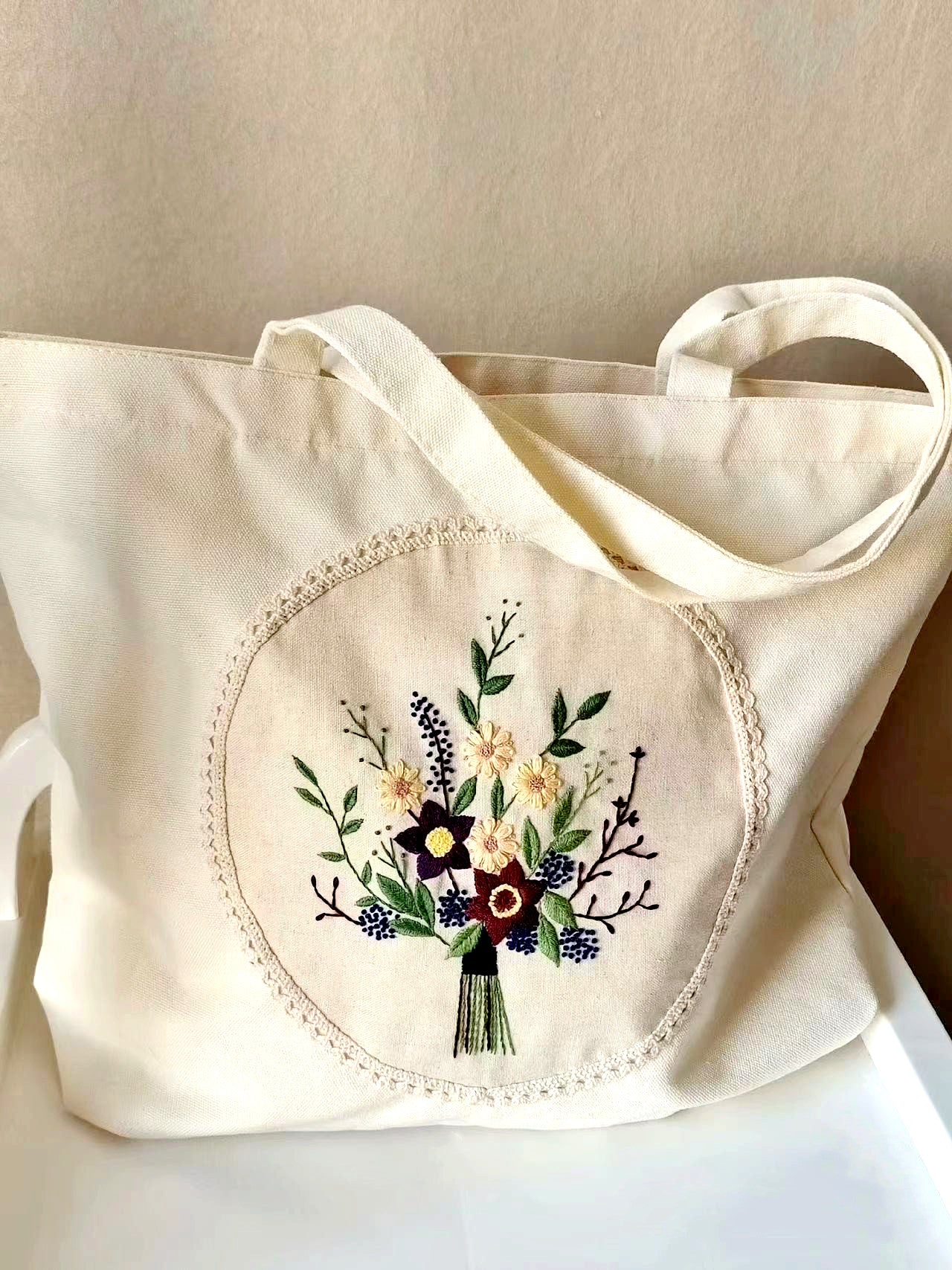 Unique Large Capacity Canvas Tote with Handmade Embroidery and Comfortable Shoulder Straps