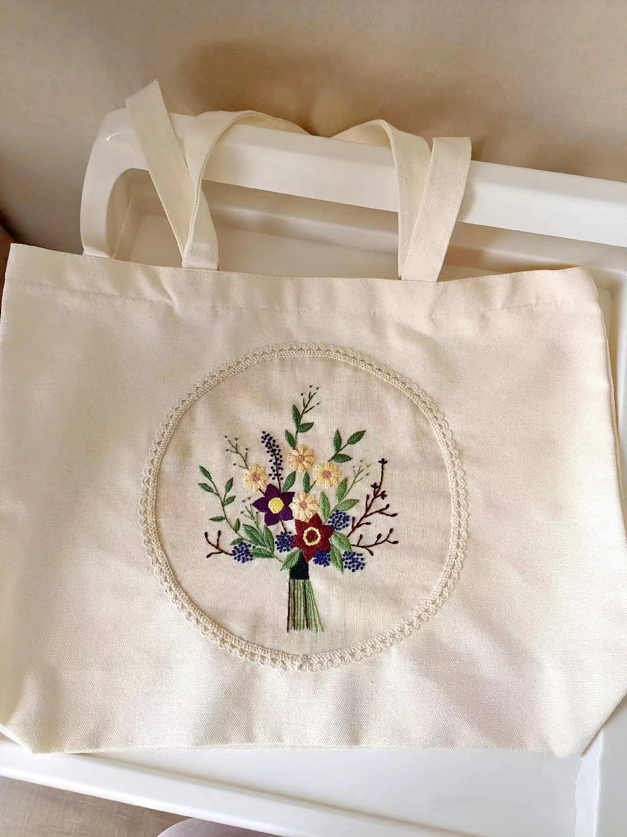 Customizable Handcrafted Canvas Tote Bag with Large Capacity and Detailed Embroidery Design