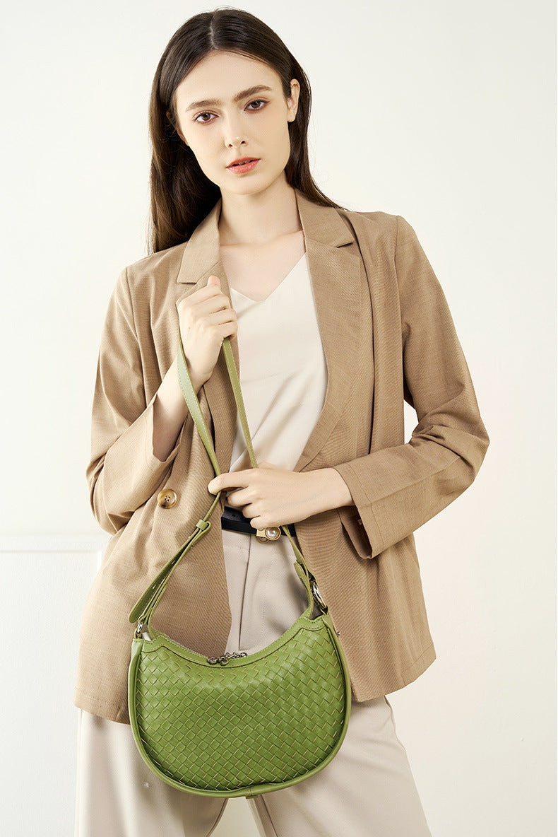 Handwoven Genuine Leather Shoulder Bag with Adjustable Strap for Women
