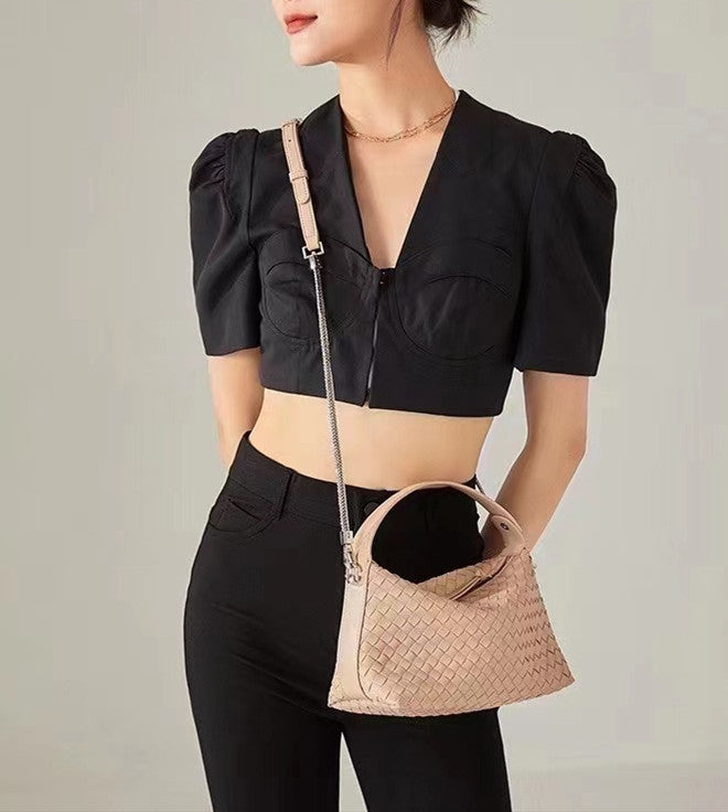 Stylish Women's Leather Handbag with Handwoven Details