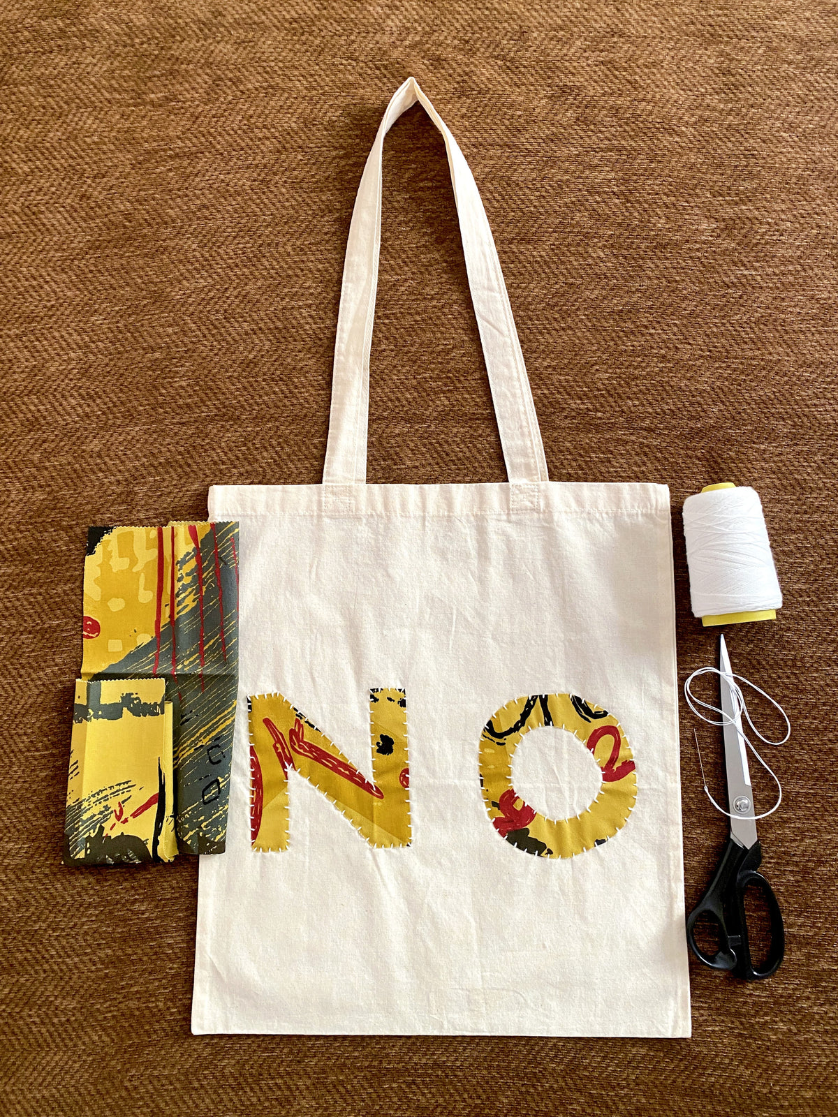 Durable lightweight cotton tote with patchwork