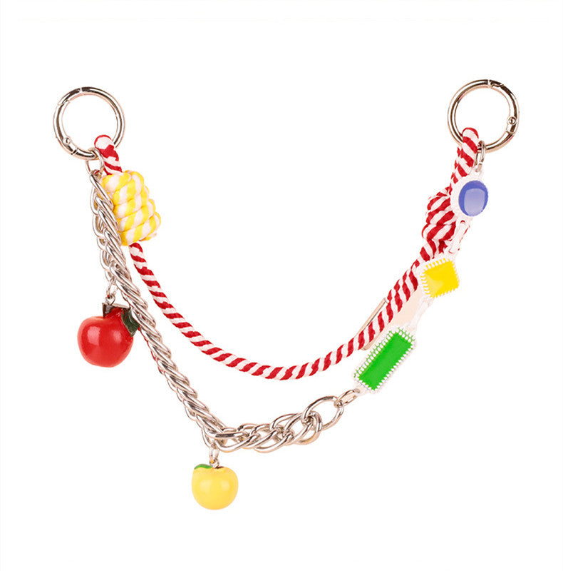 Close up view of intricate handwoven node details on a chic purse pendant