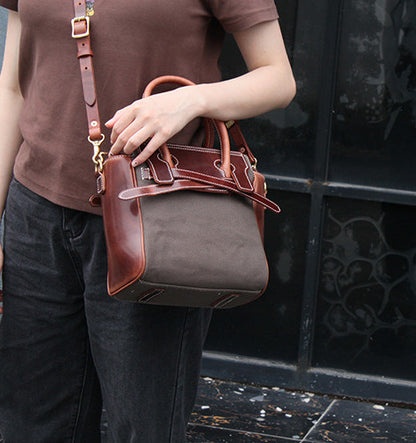 Elegant Women's Leather and Canvas Satchel featuring Hand-stitched Details
