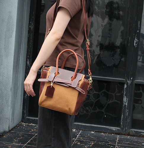 Exclusive Women's Leather and Canvas Satchel Handmade by Artisans User