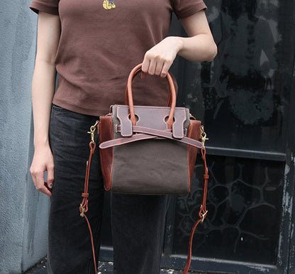 Trendy Leather and Canvas Purse with Adjustable Crossbody Strap and Top Handle
