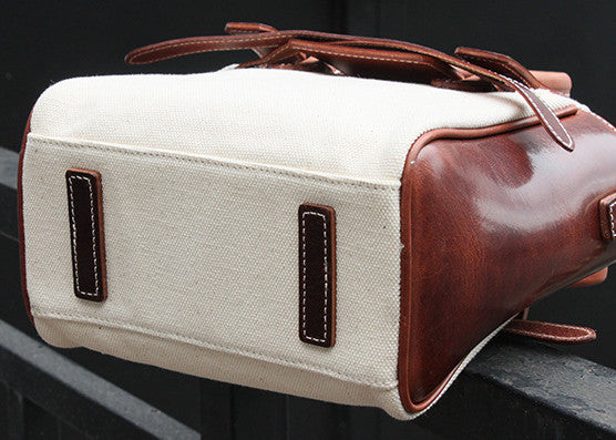 Rustic Vintage Leather and Canvas Handbag with Antique Brass Hardware