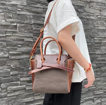 Exquisite Vintage Leather and Canvas Handbag with Detachable Shoulder Strap