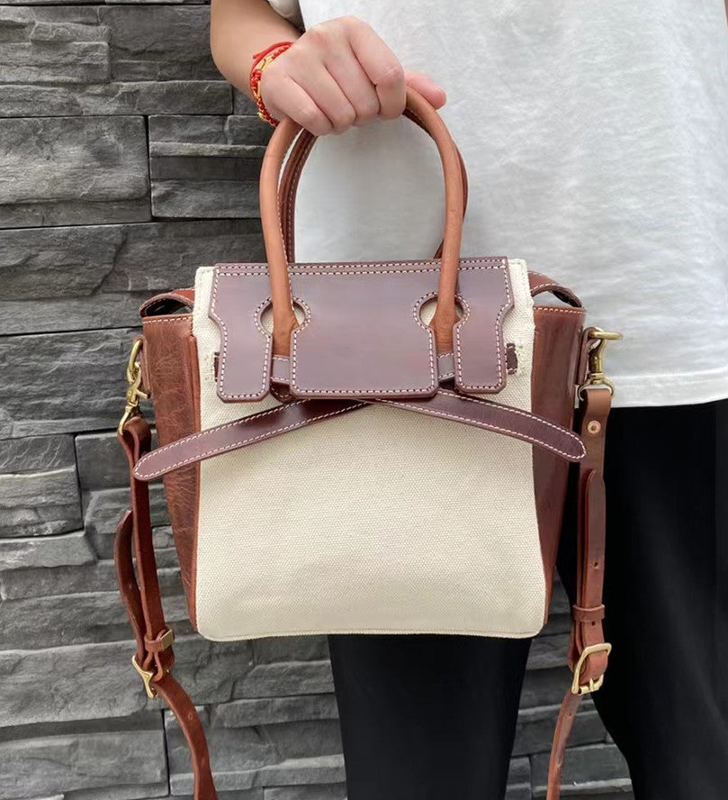 Stylish Vintage Leather and Canvas Handbag for Women