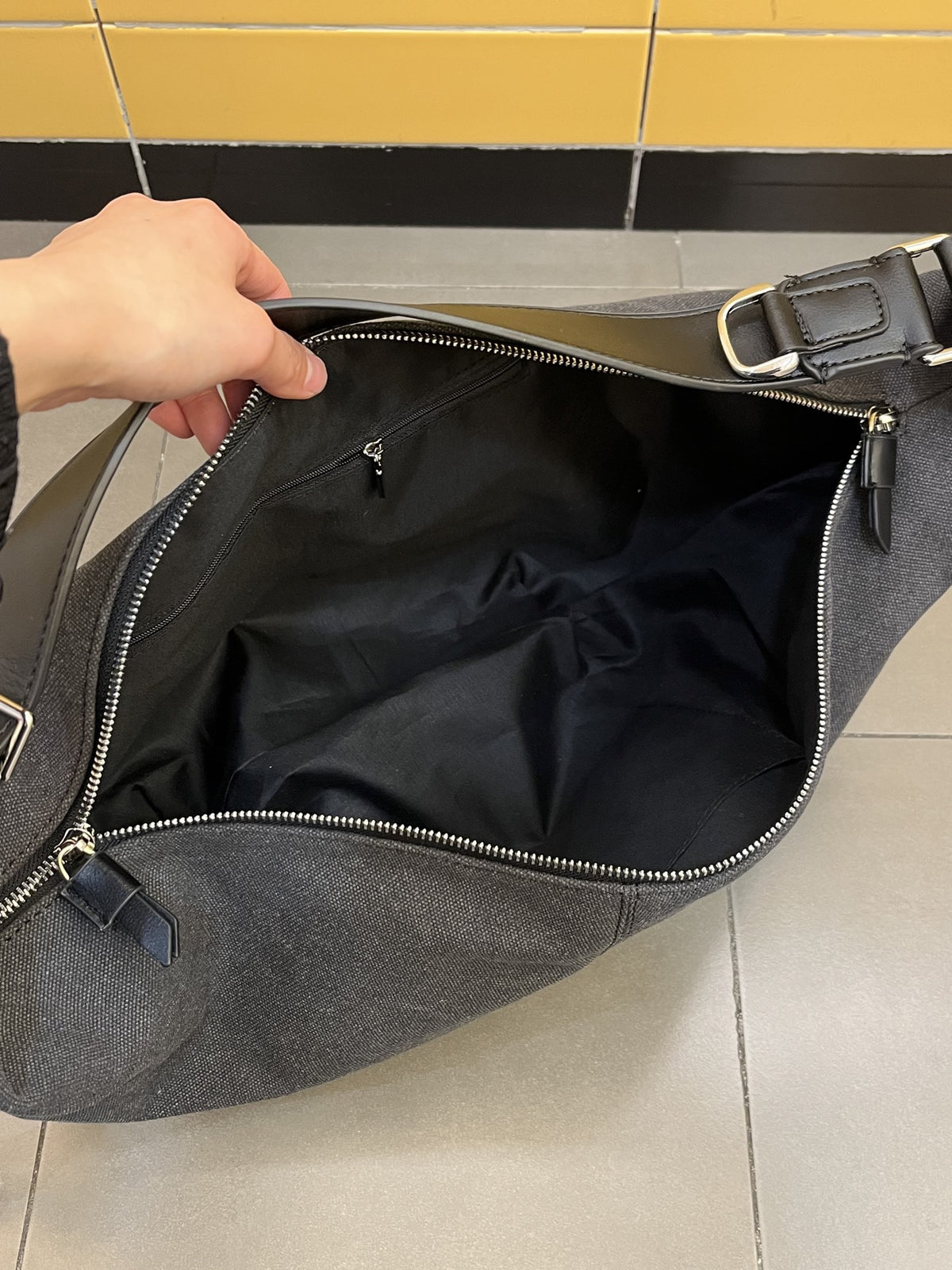 Modern canvas crescent bag for shopping trips and coffee runs
