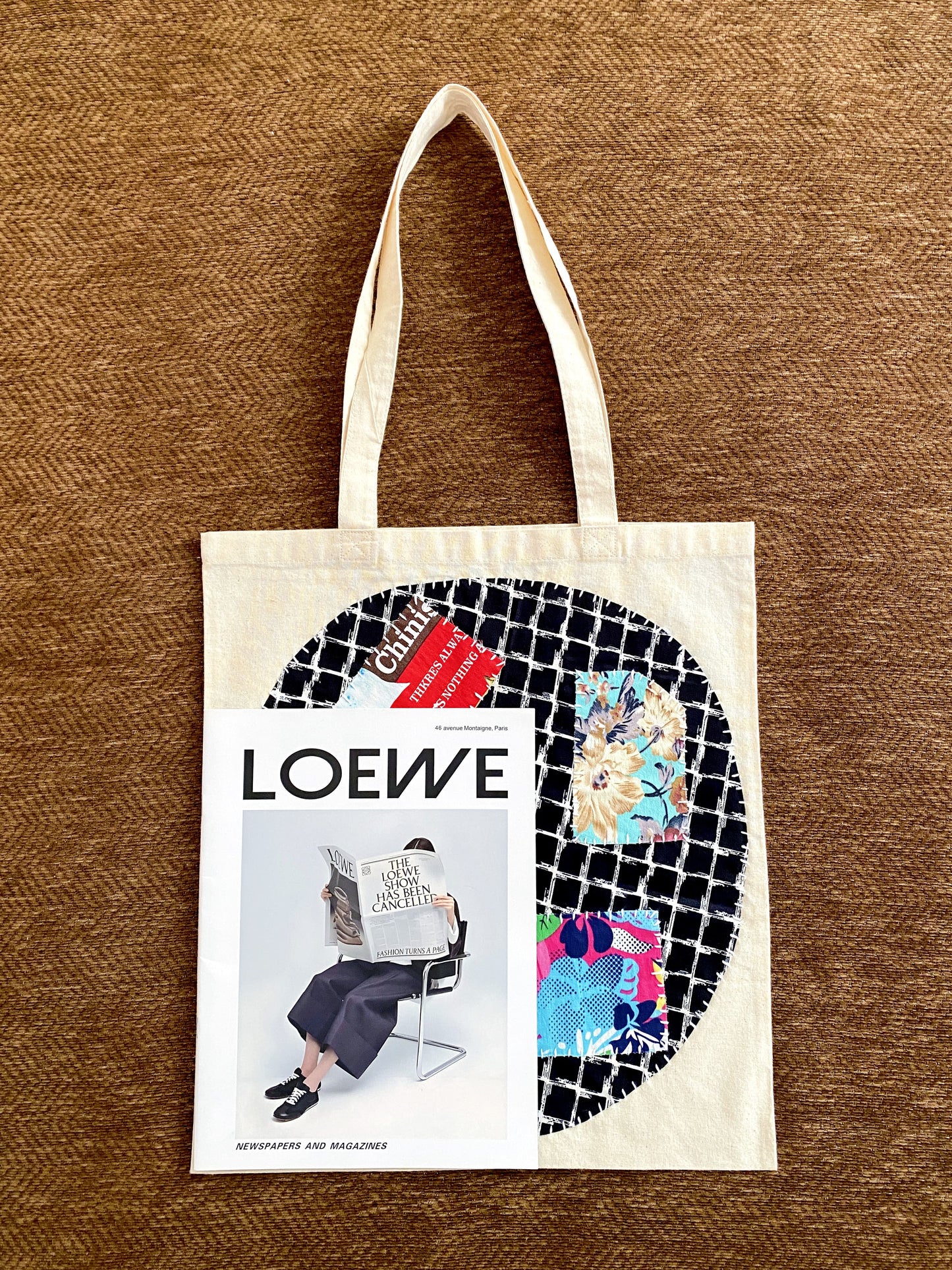 Durable fabric tote with handmade patchwork details for a casual weekend outing