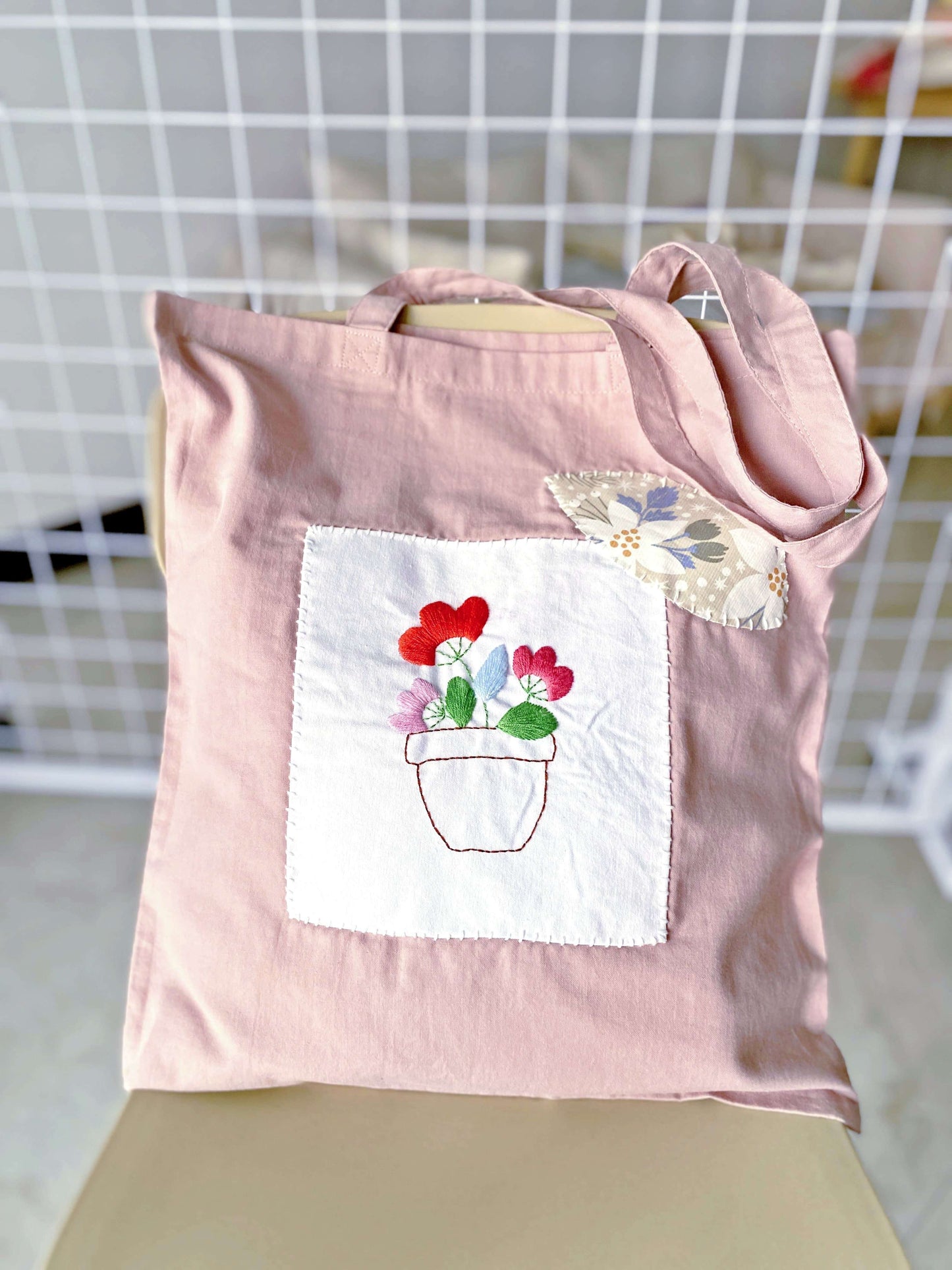 Natural Cotton Tote with Floral Needlework
