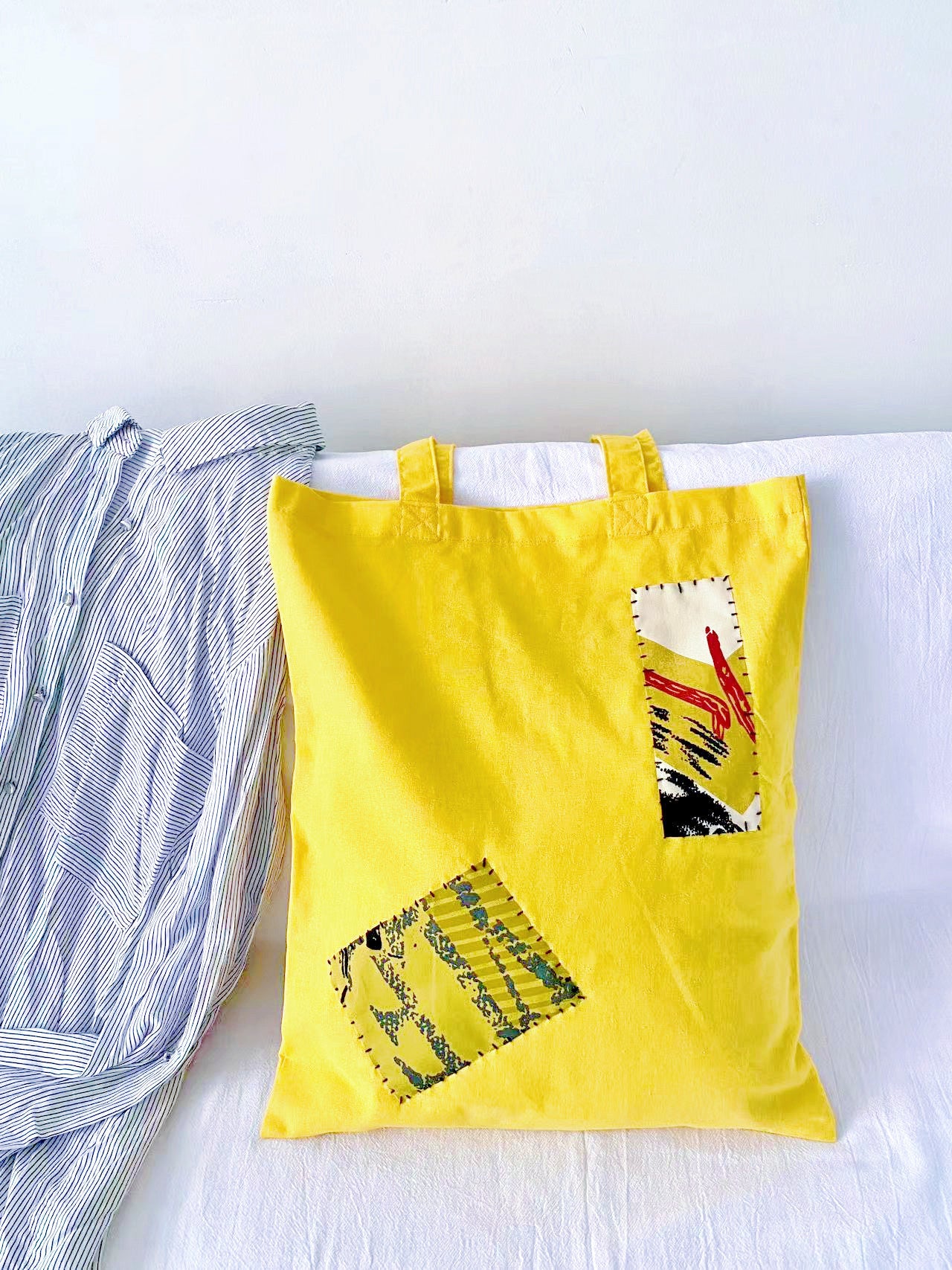 Hand-sewn yellow textile art tote for Mother's Day present.