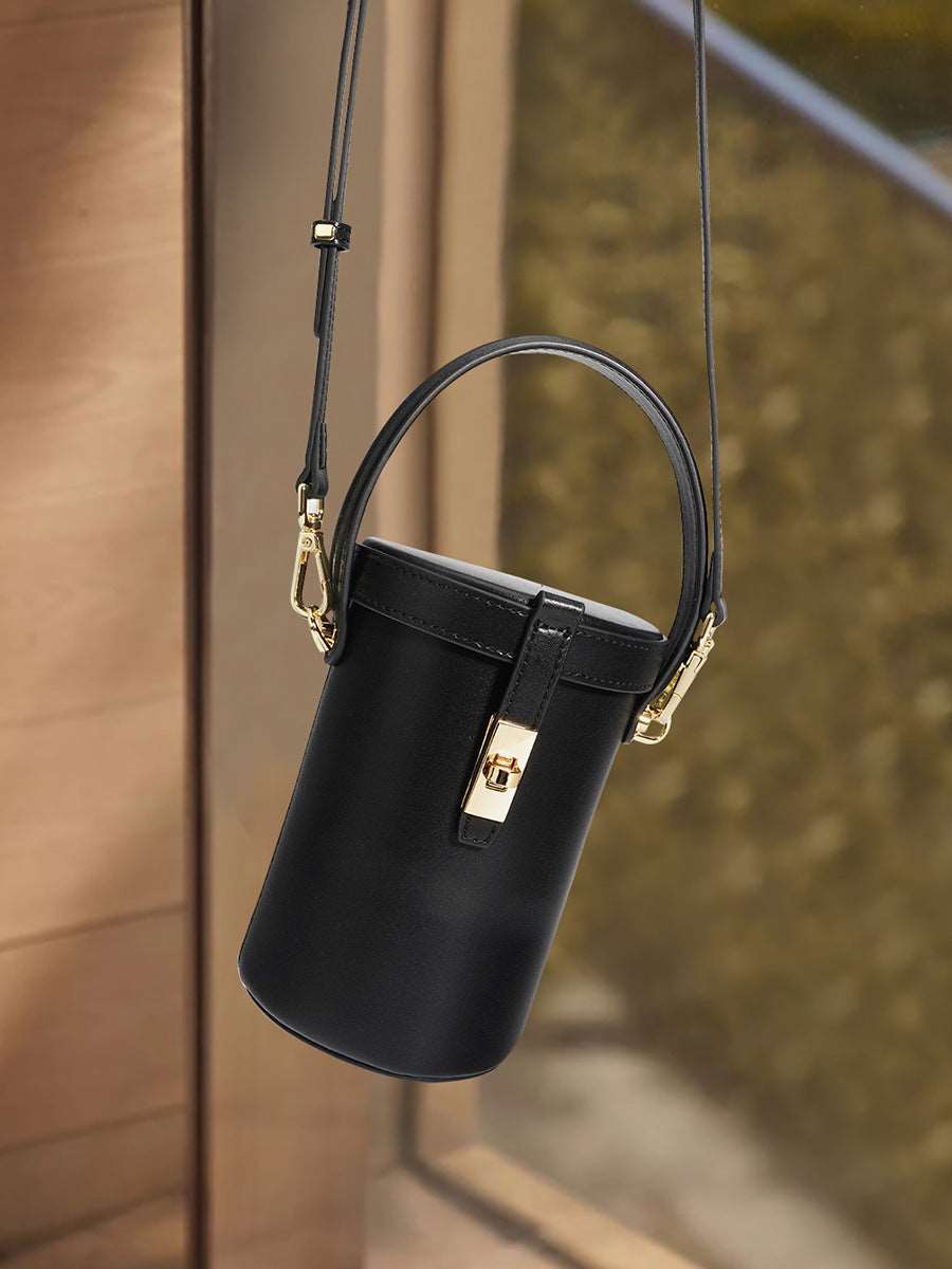 Elegant Women's Leather Circular Cylinder Mini Bucket Bag Crossbody Handbagwoyaza