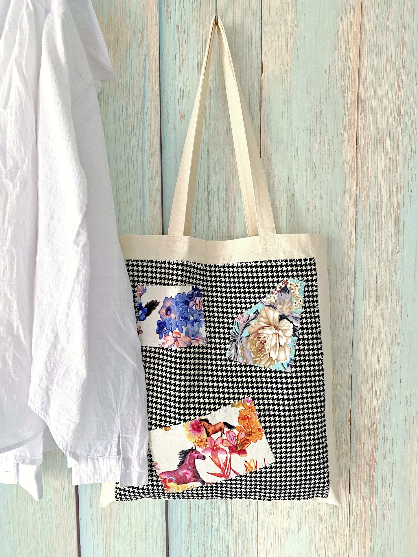 Creative canvas carryall with hand-sewn patchwork detail, made for minimal wardrobes, daily routines, and seasonal gifting.