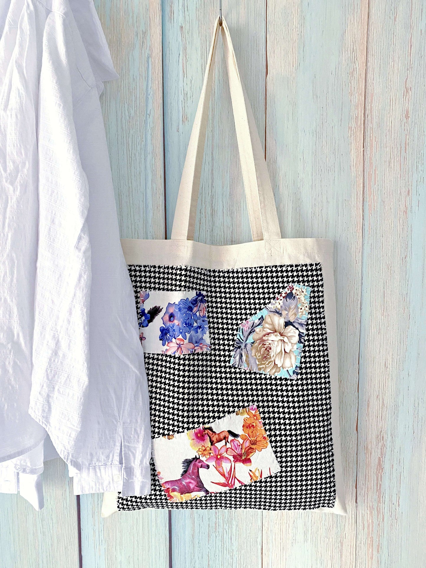 A large, soft cotton tote with stitched patchwork, chosen by those who value low-impact materials and relaxed European street style.