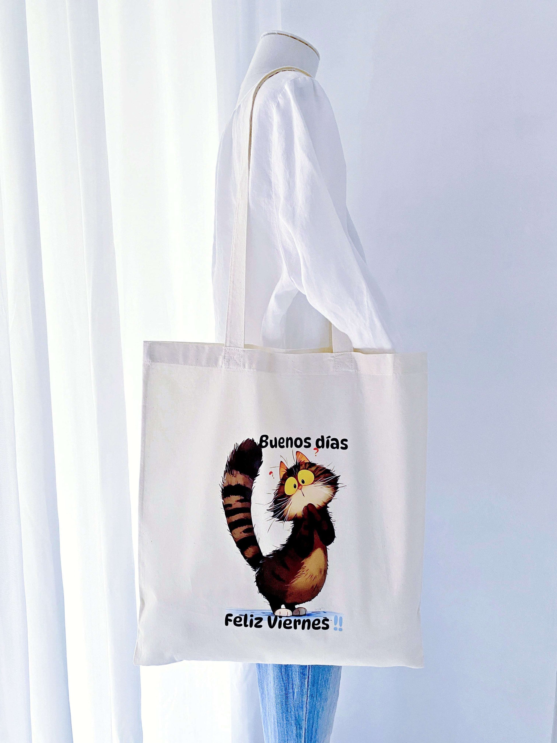 Eco-friendly gift idea: Reusable cloth shopper with hand-stamped cat art, perfect for replacing plastic bags.