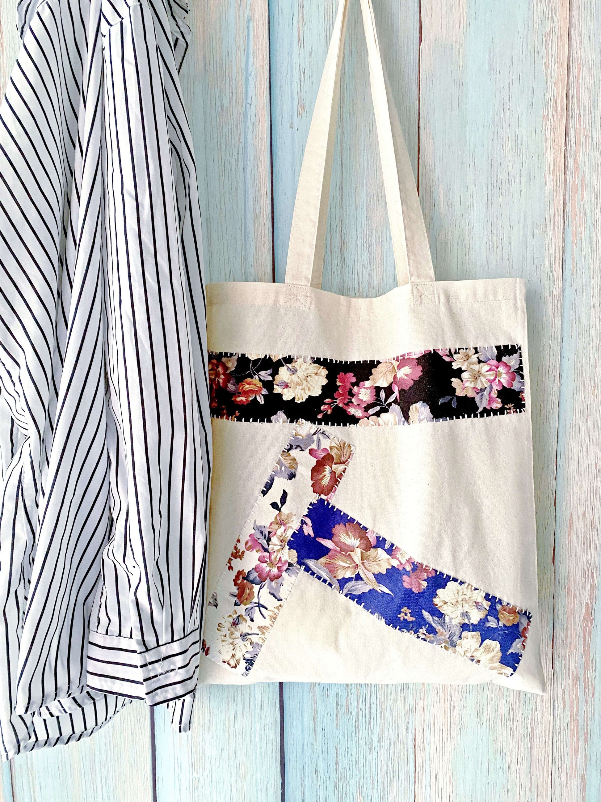 Minimalist canvas bag with hand-applied patchwork design, created for people who value unique details, slow fashion, and thoughtful gift choices.