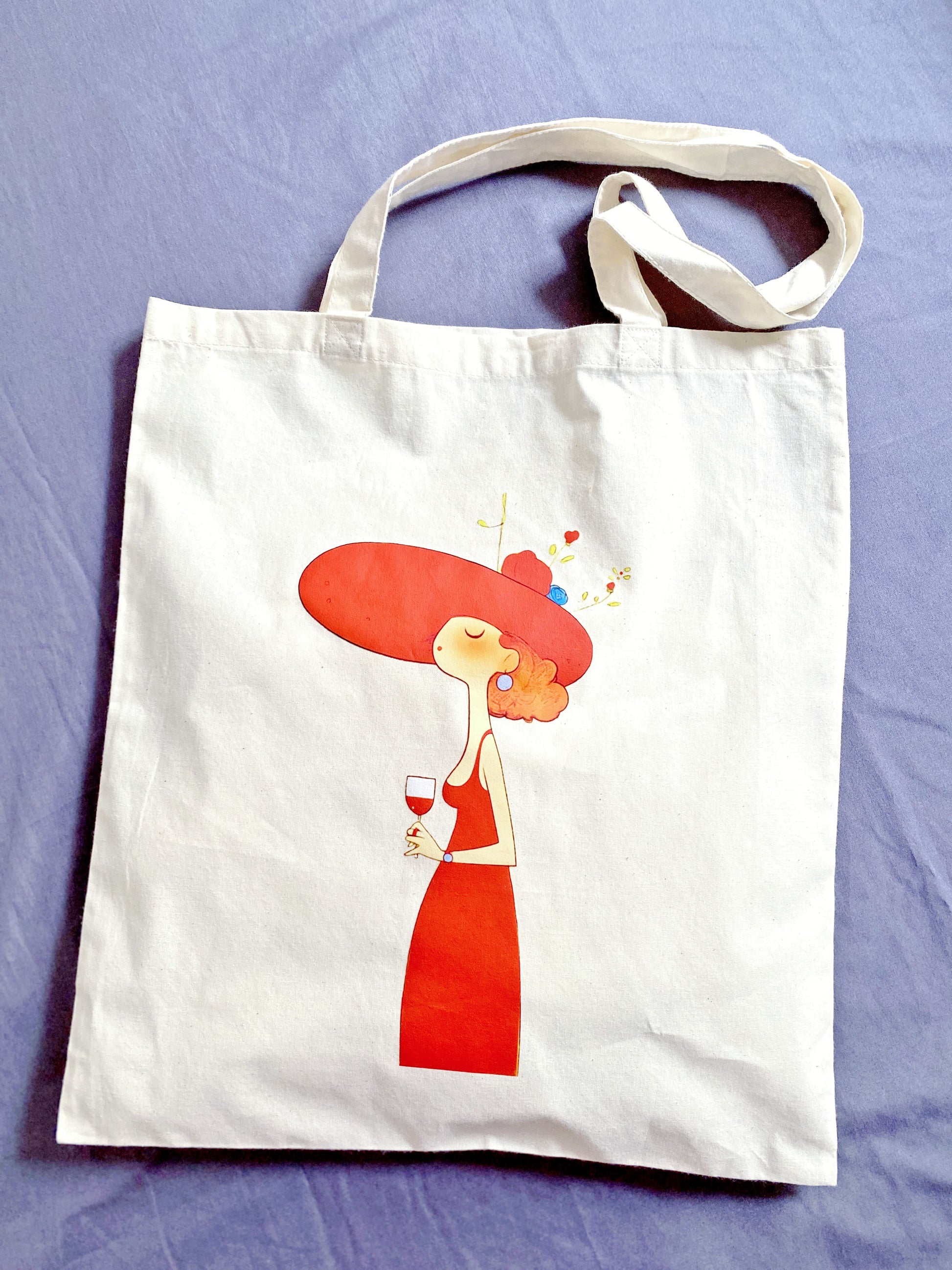Cotton tote bag with hand-printed female illustration on front