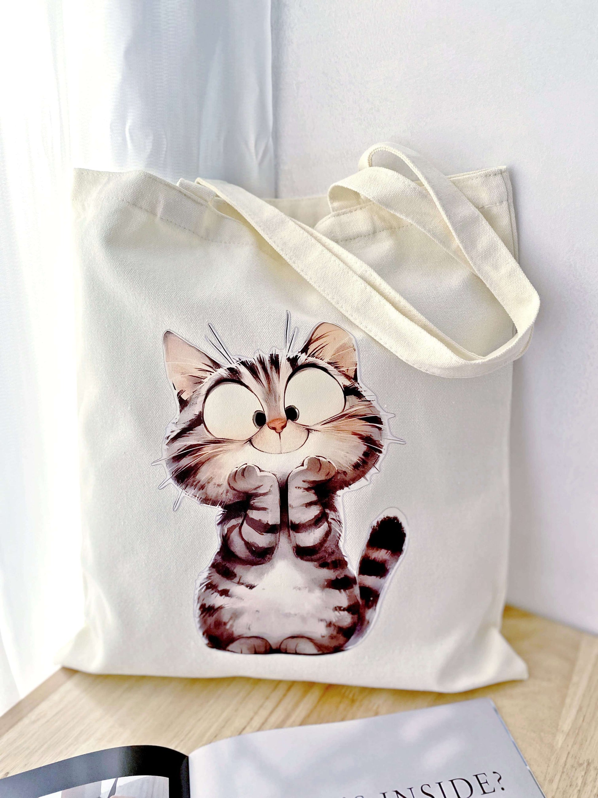 Simple canvas bag with cute cat print for women