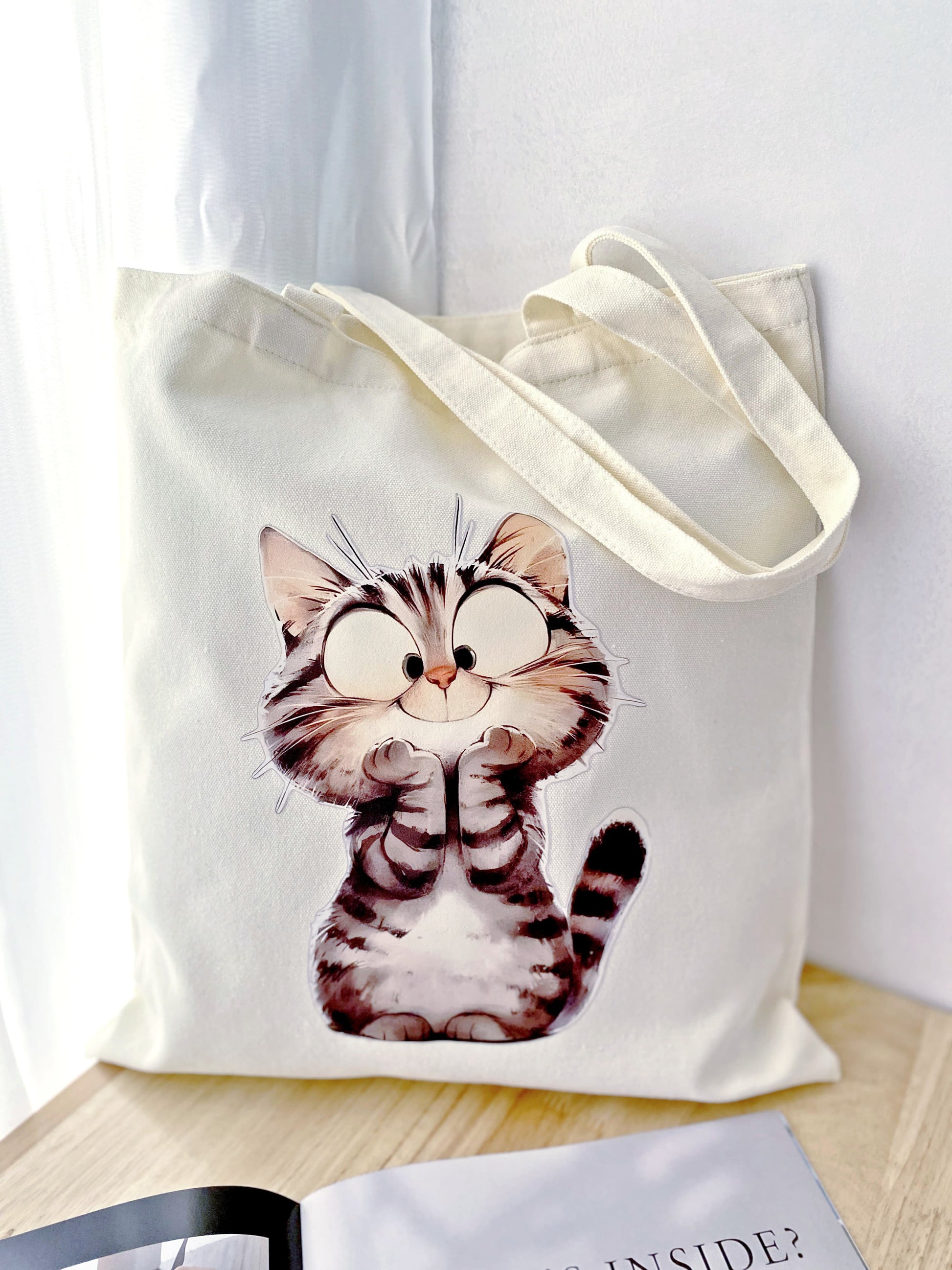 Simple canvas bag with cute cat print for women