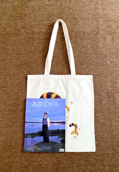 natural cotton carry bag with unique cat illustration for travel and beach days