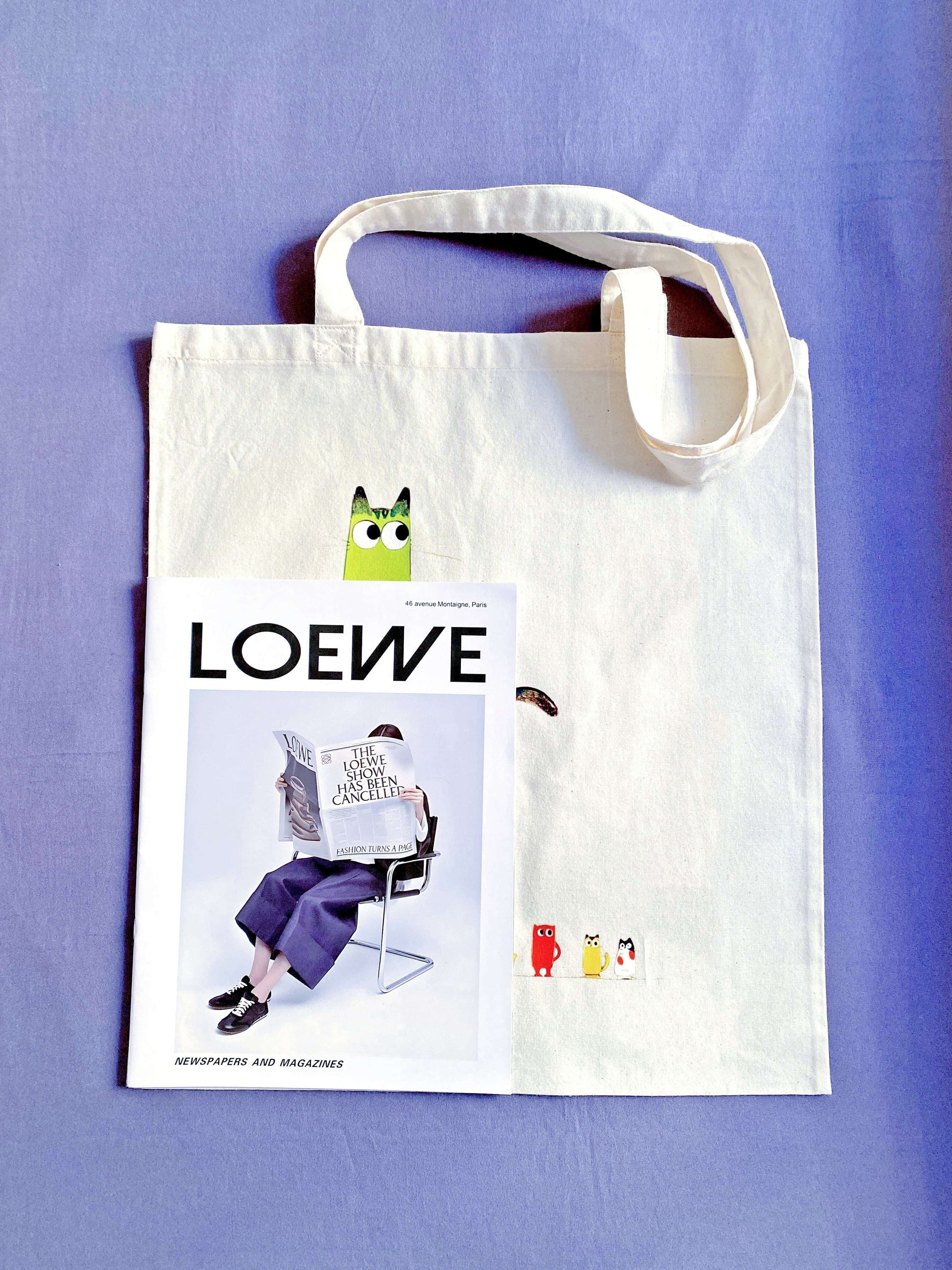 People often choose this hand-printed kitty tote because it feels relaxed, not styled, and easy to live with.