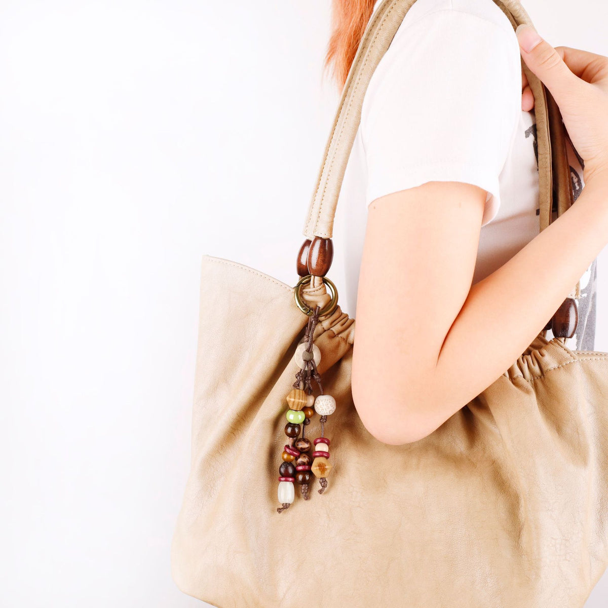 Natural wood bead charm for a casual tote bag