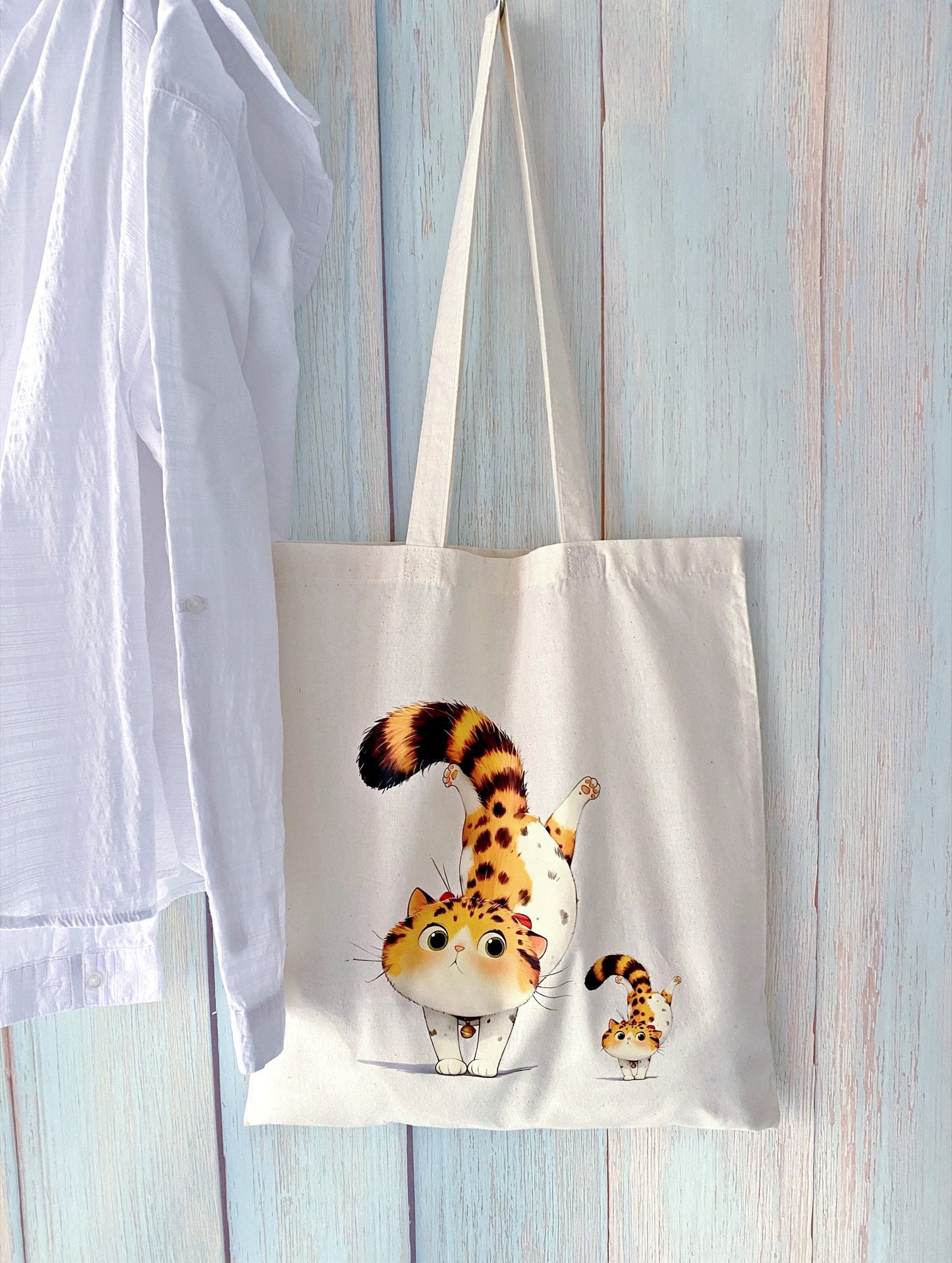 soft cotton tote with hand printed kitty design for slow everyday outings