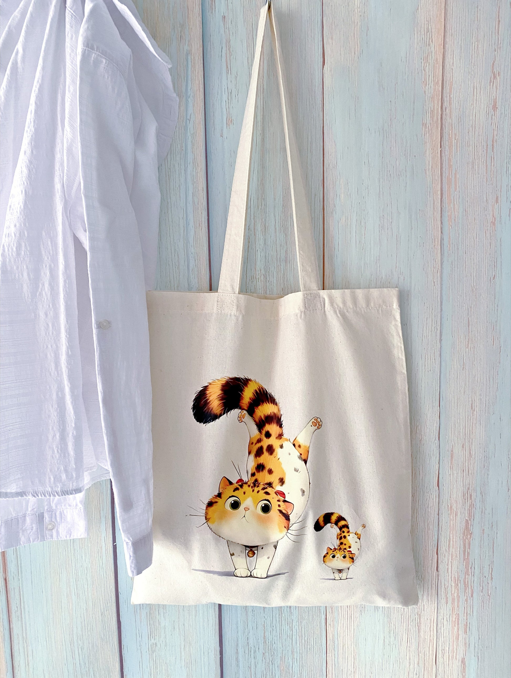 soft cotton tote with hand printed kitty design for slow everyday outings