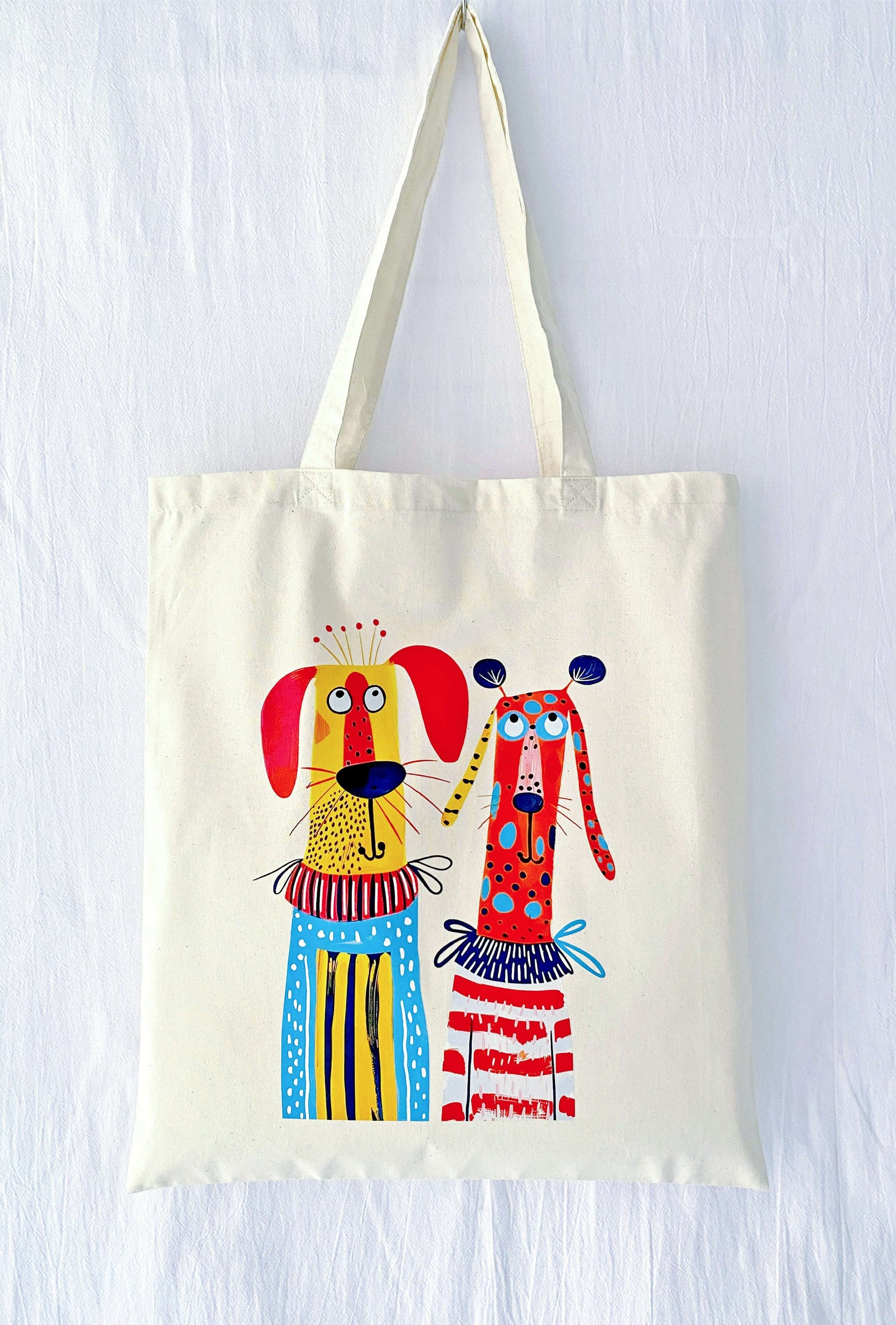 natural fabric tote with whimsical puppy illustration