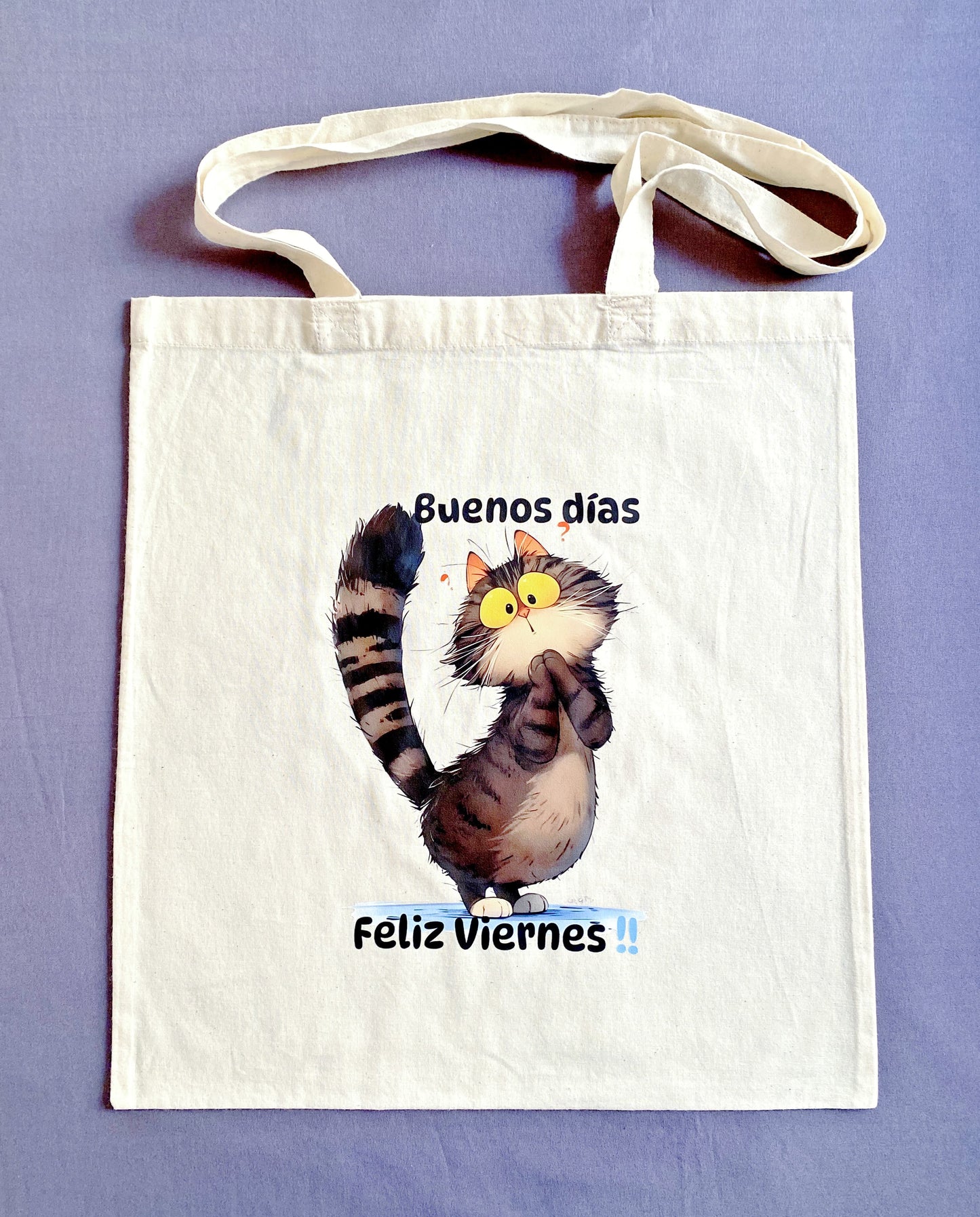 Hand-printed kitty design on a relaxed organic cotton tote bag