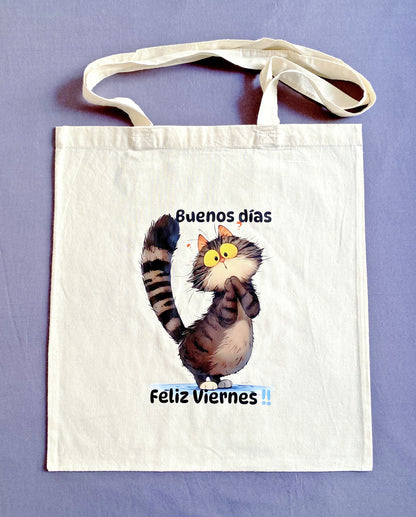Hand-printed kitty design on a relaxed organic cotton tote bag