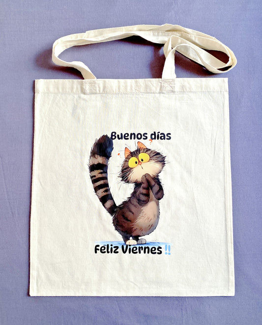 Hand-printed kitty design on a relaxed organic cotton tote bag
