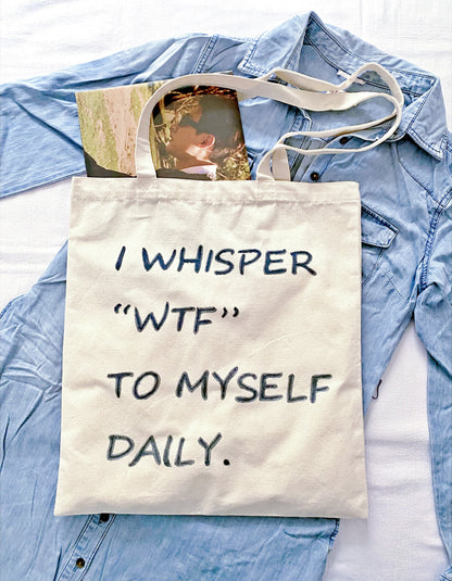 Minimalist organic cotton tote bag with handwritten quote for a relaxed Sunday morning aesthetic.