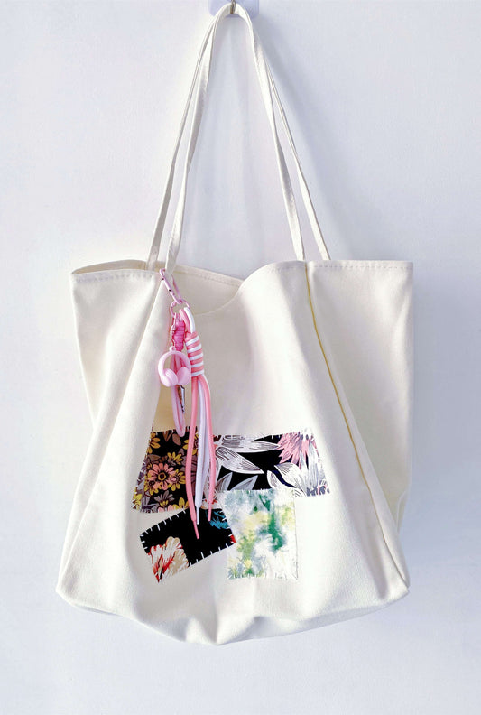 Spacious interior of a natural fabric tote showing daily journaling essentials.