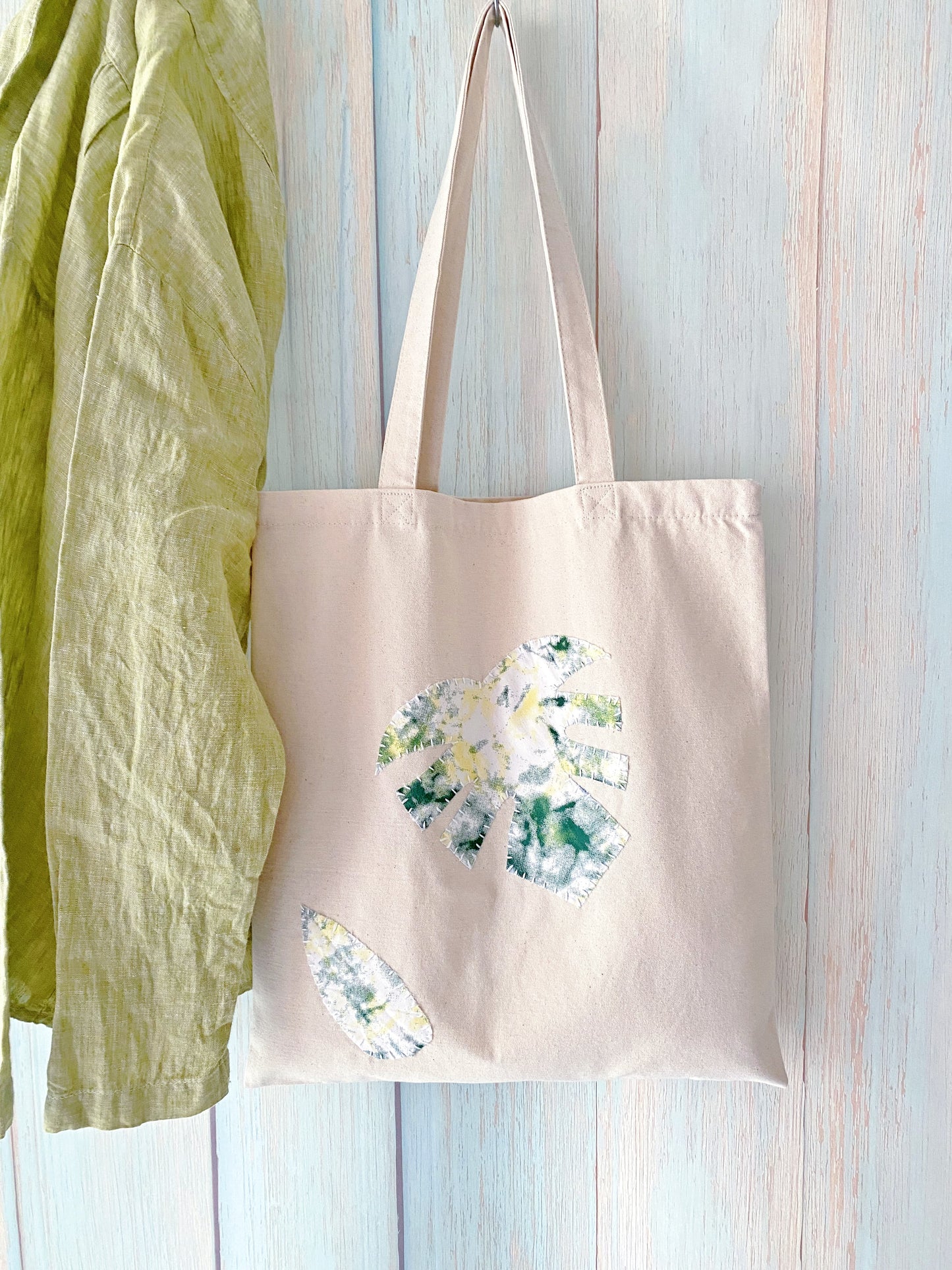 Large canvas tote with handmade patchwork for shopping