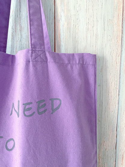minimalist purple cotton bag with hand-written quote